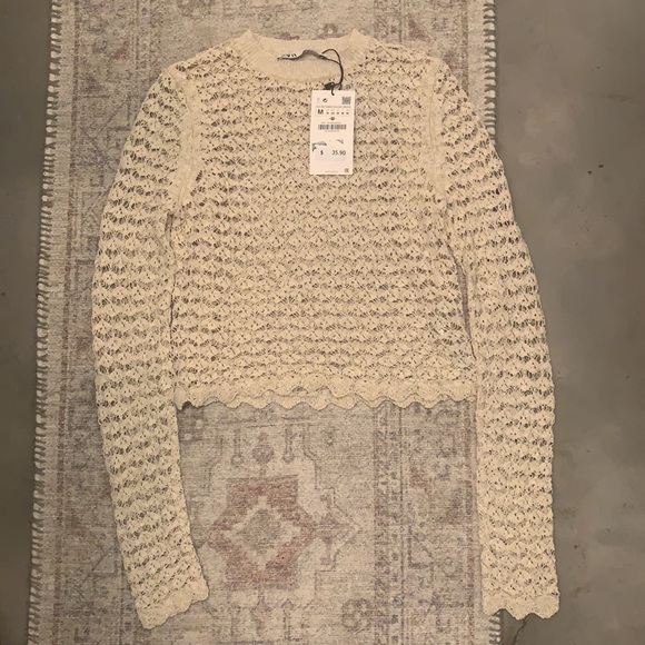 NWT Zara Crochet Cropped Tan Sweater - Picture 2 of 5